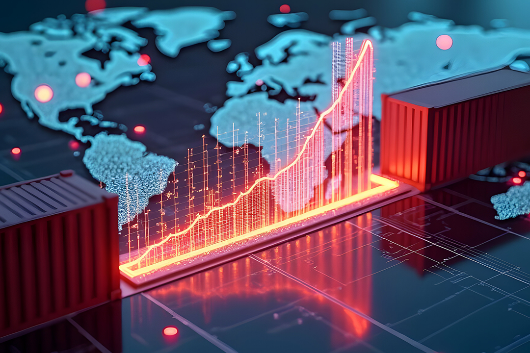 Global shipping map with rising tariff cost graphics, illustrating the tariff impact on supply chain operations and international trade routes
