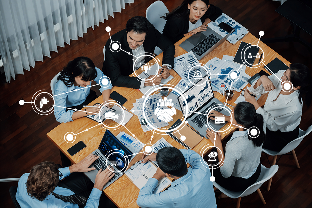 Logistics management team collaborating on end to end logistics planning