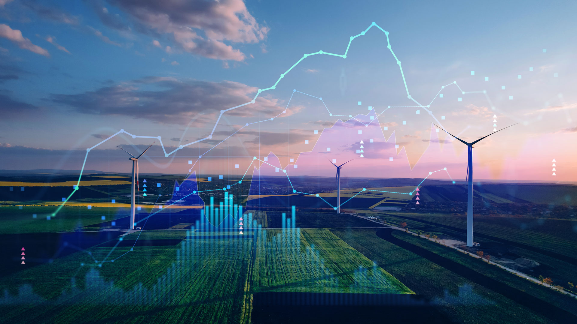 Windmills and farmland overlaid with Blue Calmac Group Market Intelligence charts and data, showcasing real-time insights for smarter procurement and supply chain decision-making.
